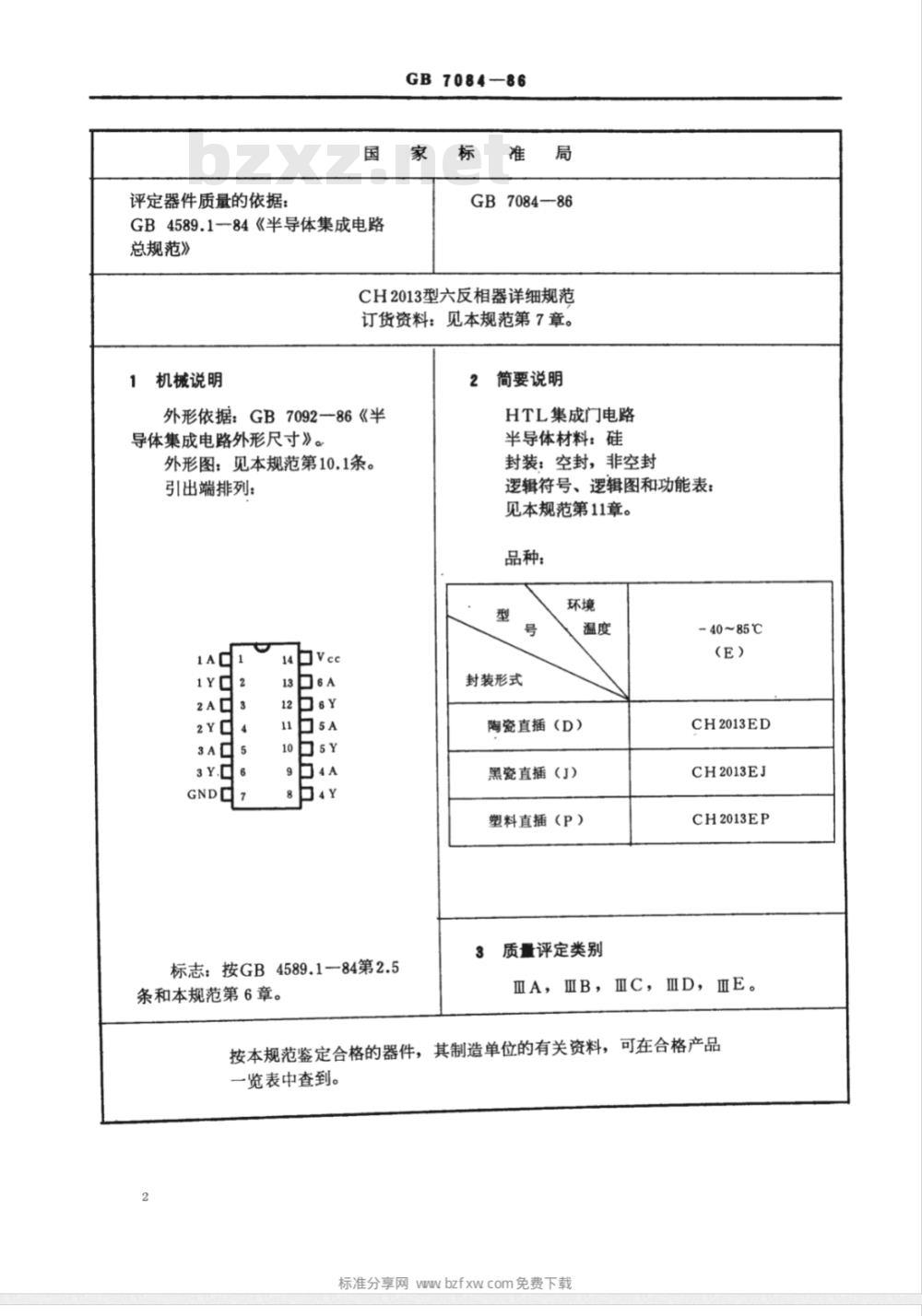 GB 7084-1986 电子器件详细规范 半导体集成电路CH2013型HTL六反相器(可供认证用)