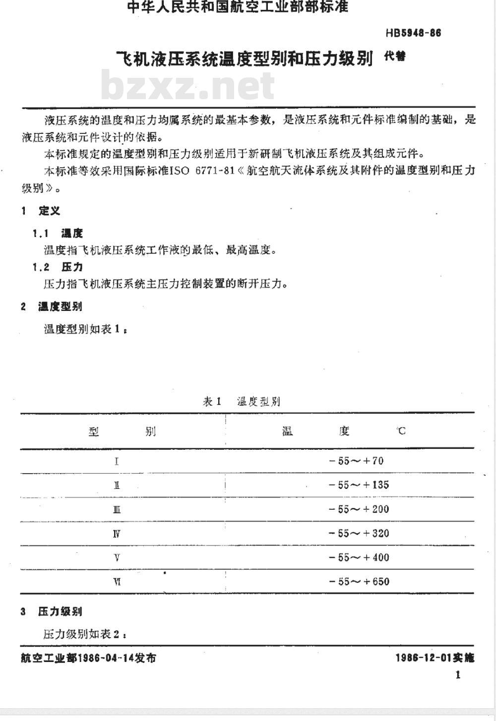 HB 5948-1986 飞机液压系统温度型别和压力级别