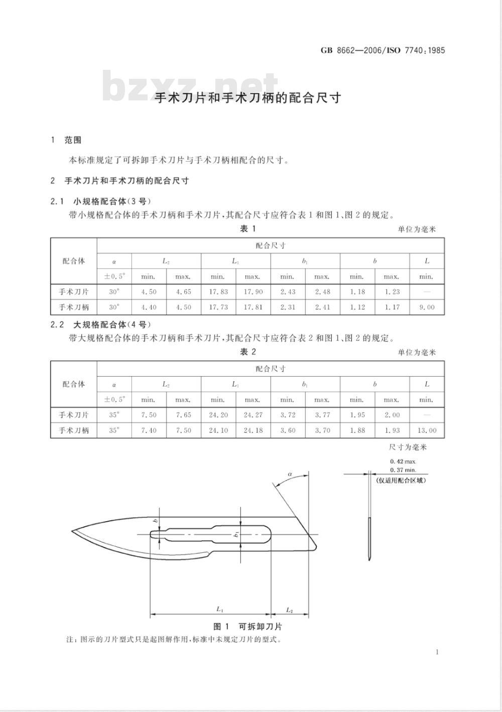 GB 8662-2006 手术刀片和手术刀柄的配合尺寸