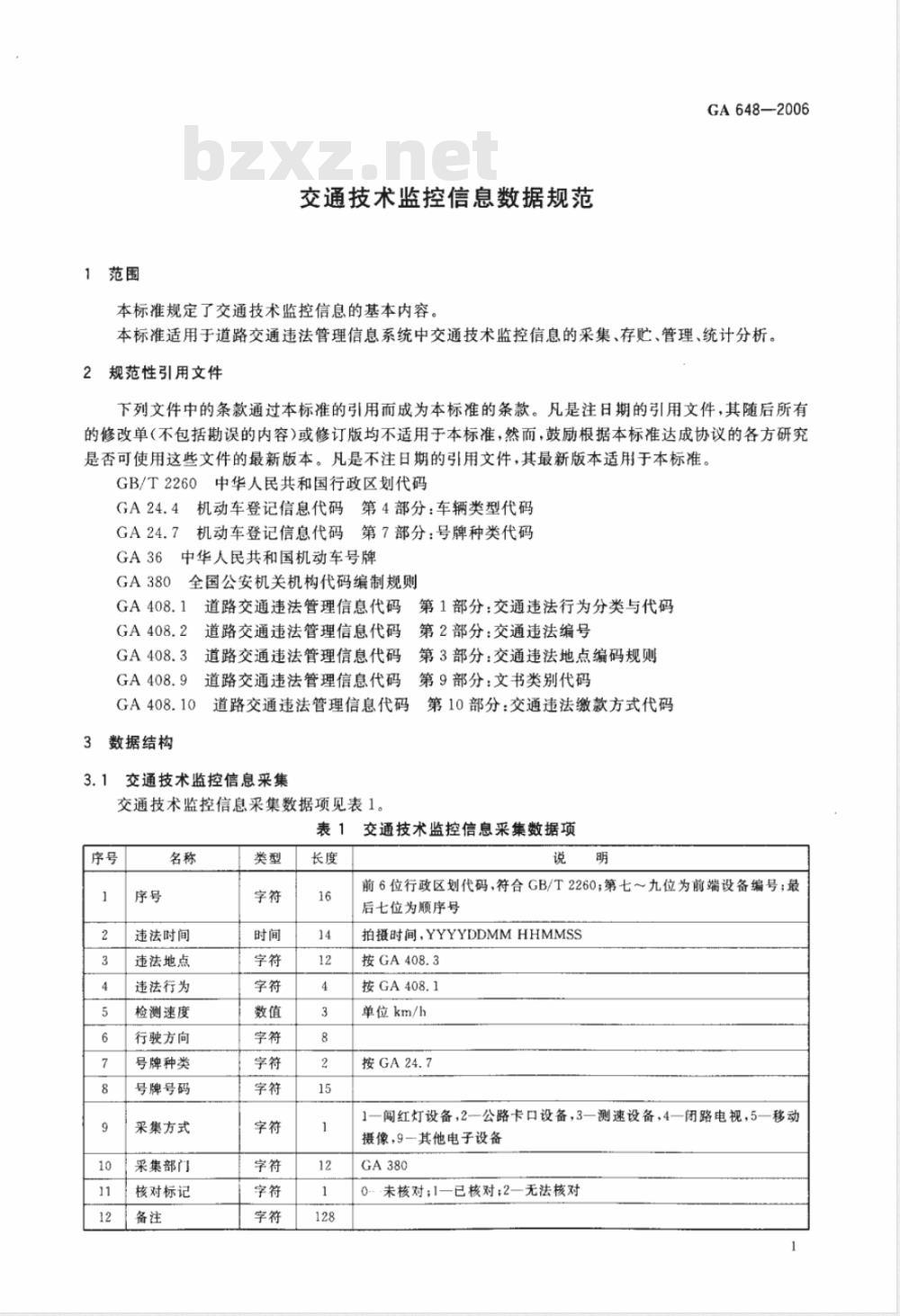 GA 648-2006 交通技术监控信息数据规范