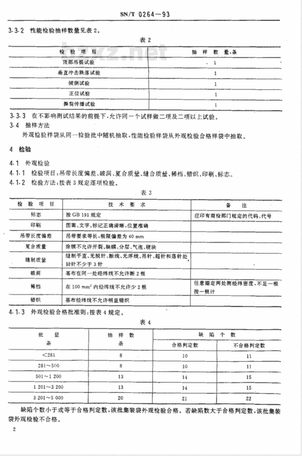 SN/T 0264-1993 出口商品运输包装 柔性集装袋检验规程