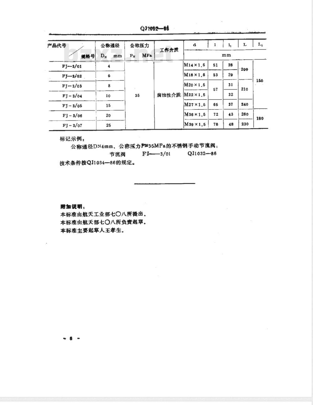 QJ 1032-1986 不锈钢手 动节流阀型式与尺寸