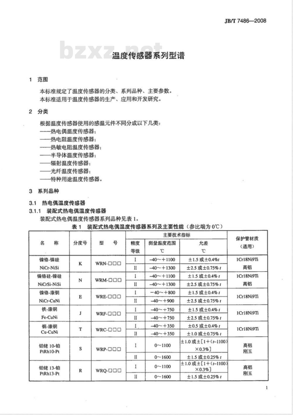 JB/T 7486-2008 温度传感器系列型谱