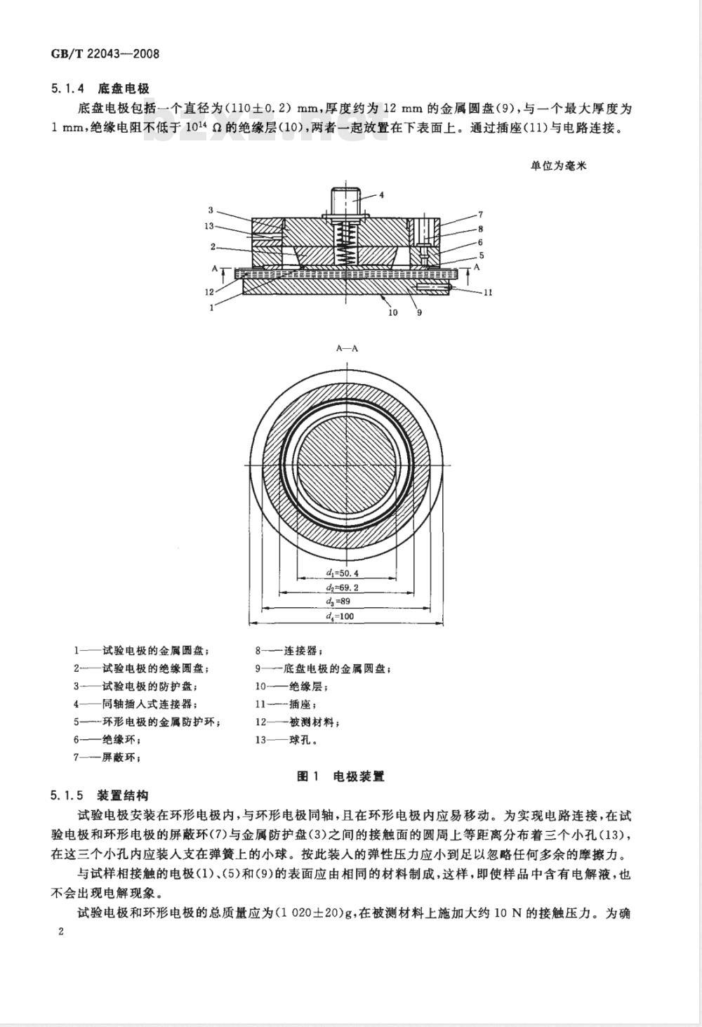 GB/T 22043-2008 服装 防静电性能 通过材料的电阻(垂直电阻)试验方法