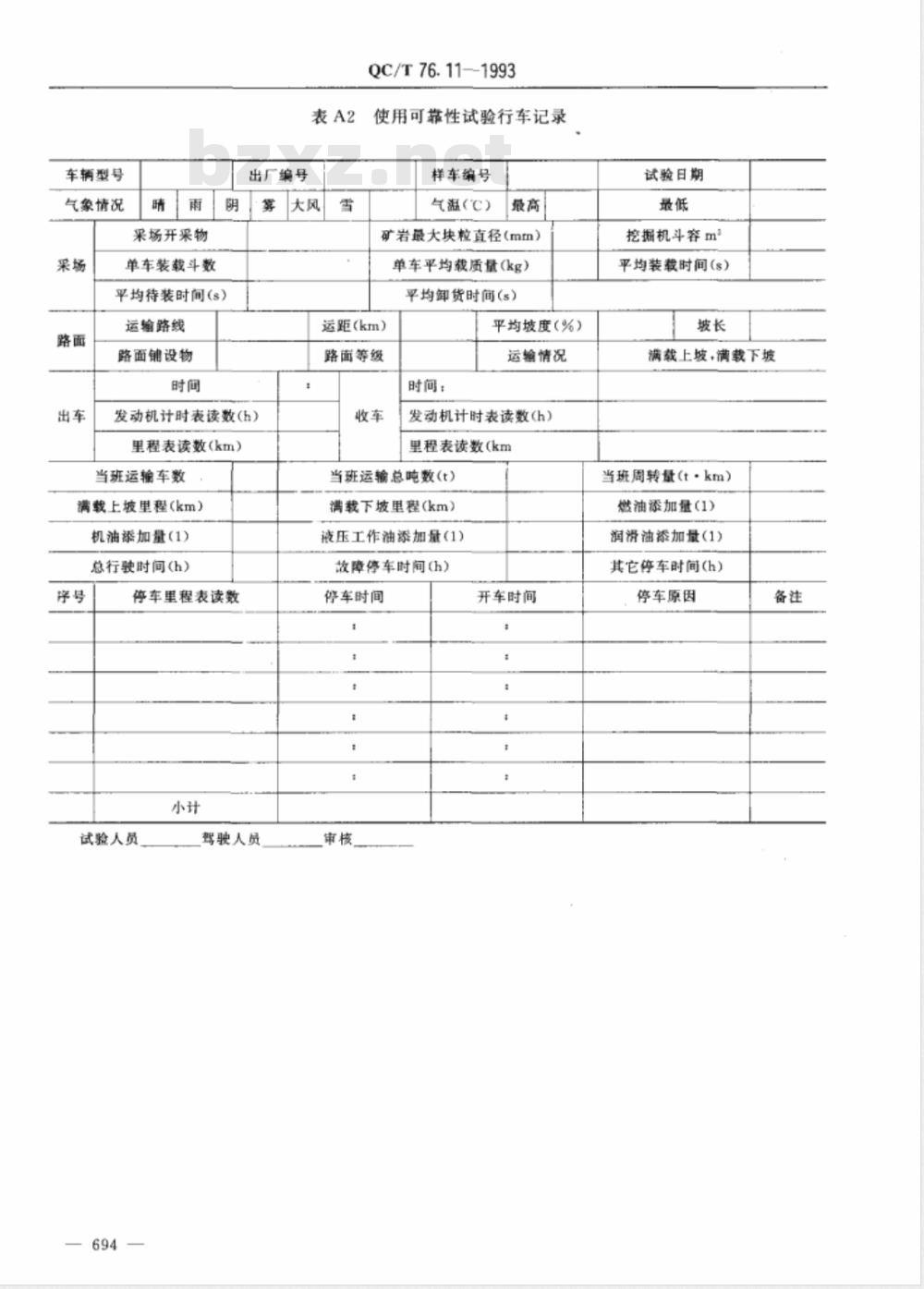 QC/T 76.11-1993 矿用自卸汽车试验方法 使用可靠性试验