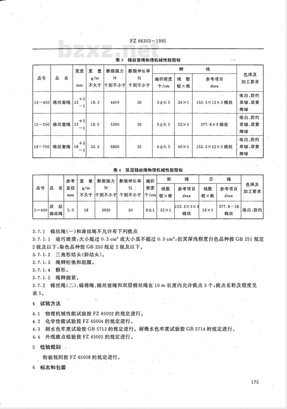 FZ 66303-1995 特种工业用锦丝绳 涤丝绳 锦棉绳 锦丝套绳 双层锦丝绳