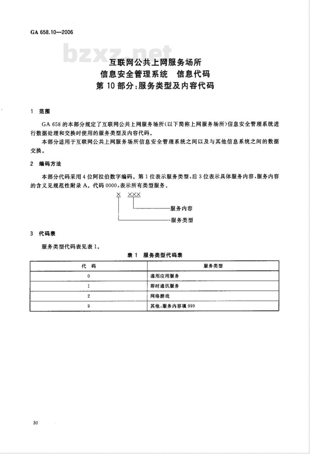 GA 658.10-2006 互联网公共上网服务场所信息安全管理系统 信息代码 第10部分:服务类型及内容代码