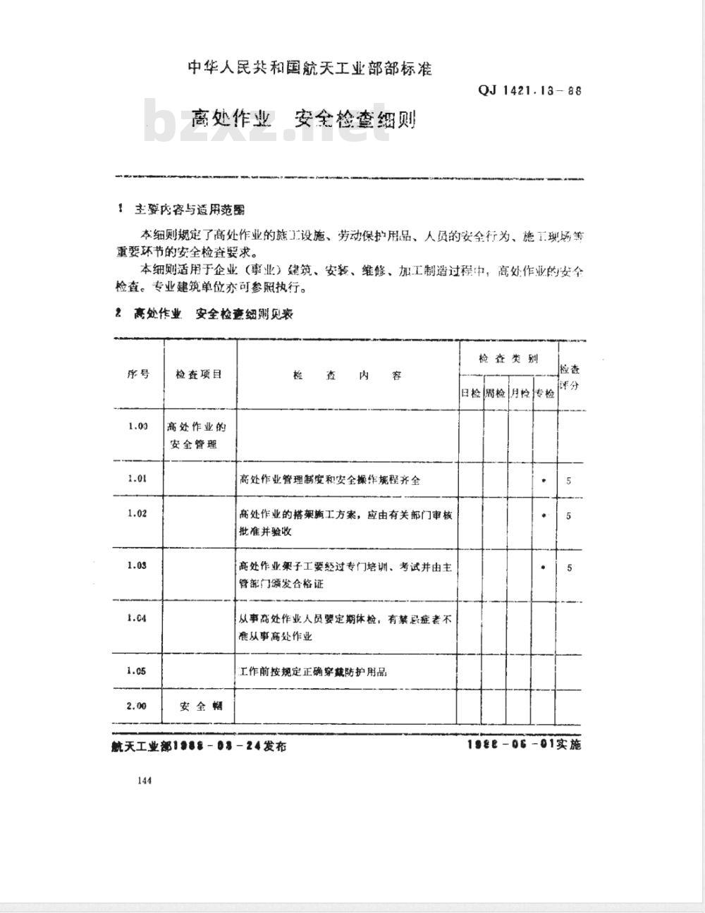 QJ 1421.13-1988 安全检查细则 高处作业安全检查细则