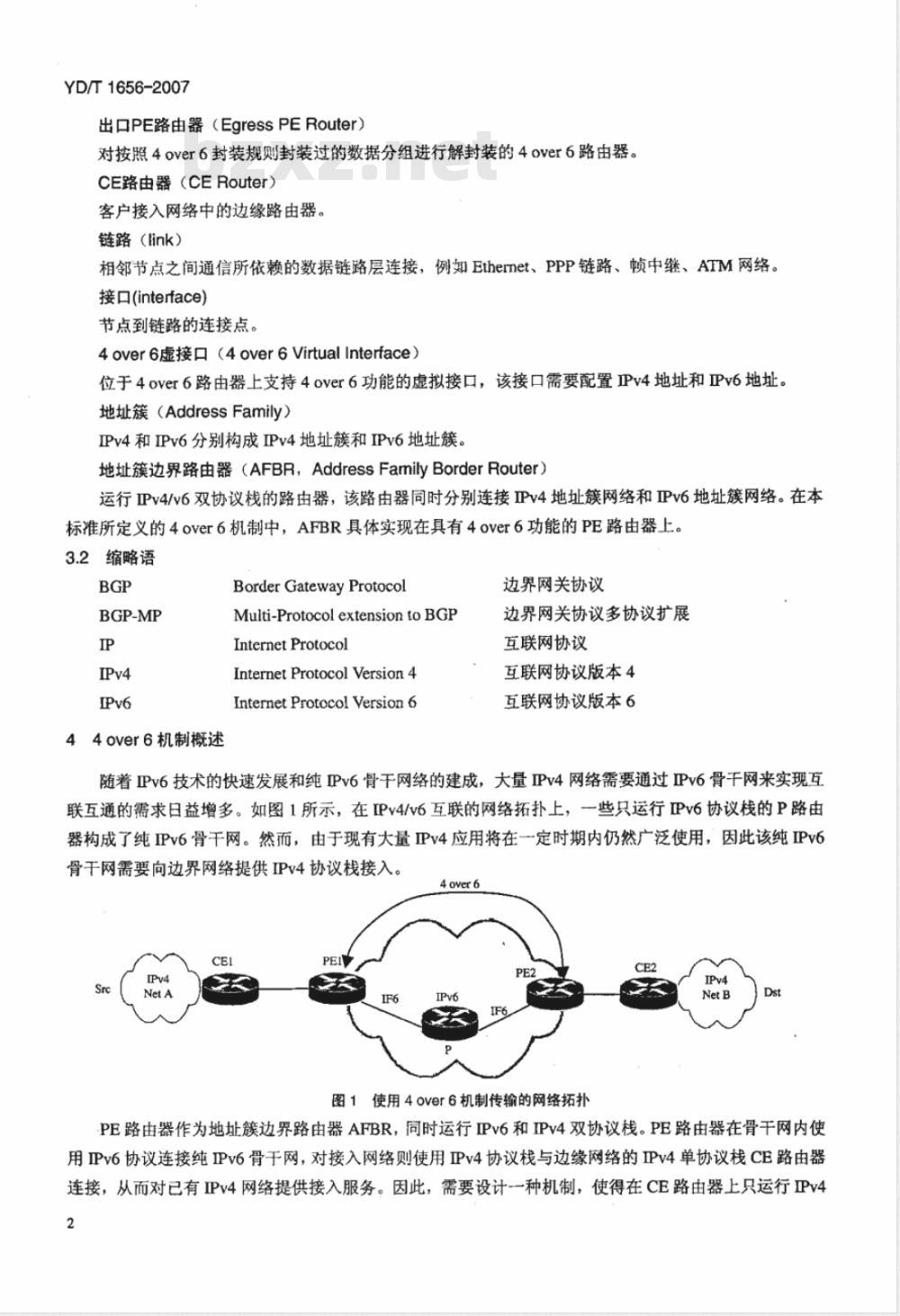 YD/T 1656-2007 采用边界网关协议多协议扩展(BGP-MP)的基于IPv6骨干网的IPv4网络互联(4 over 6)技术要求