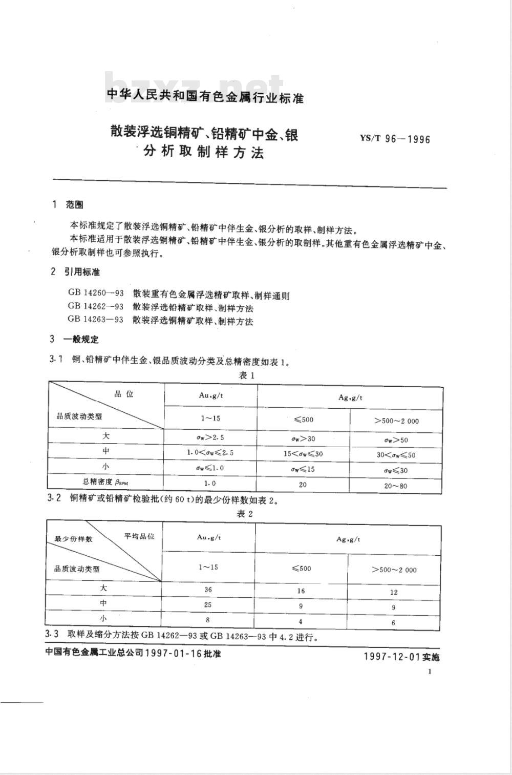 YS/T 96-1996 散装浮选铜精矿、铅精矿中金、银分析取制样方法