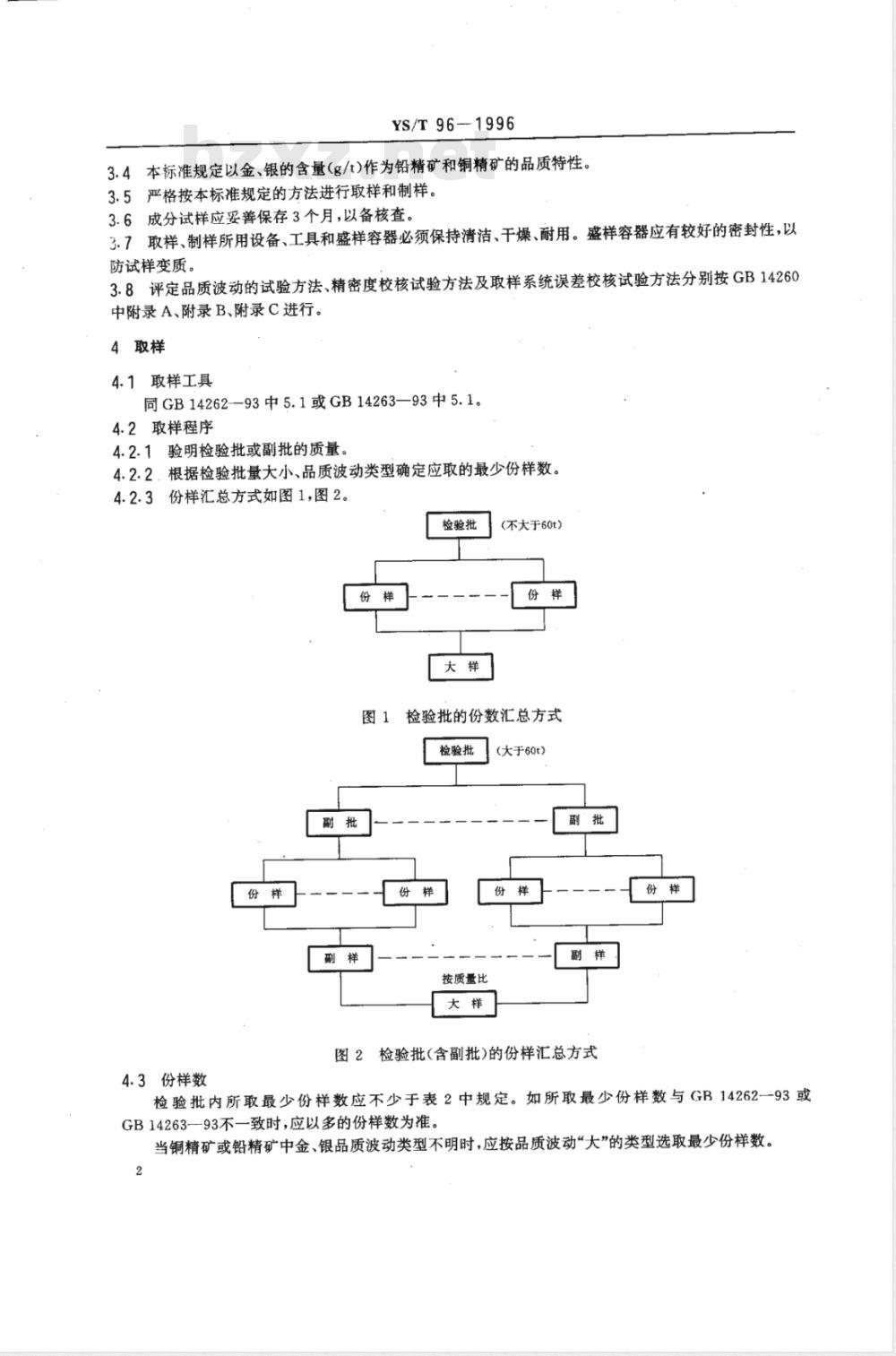 YS/T 96-1996 散装浮选铜精矿、铅精矿中金、银分析取制样方法