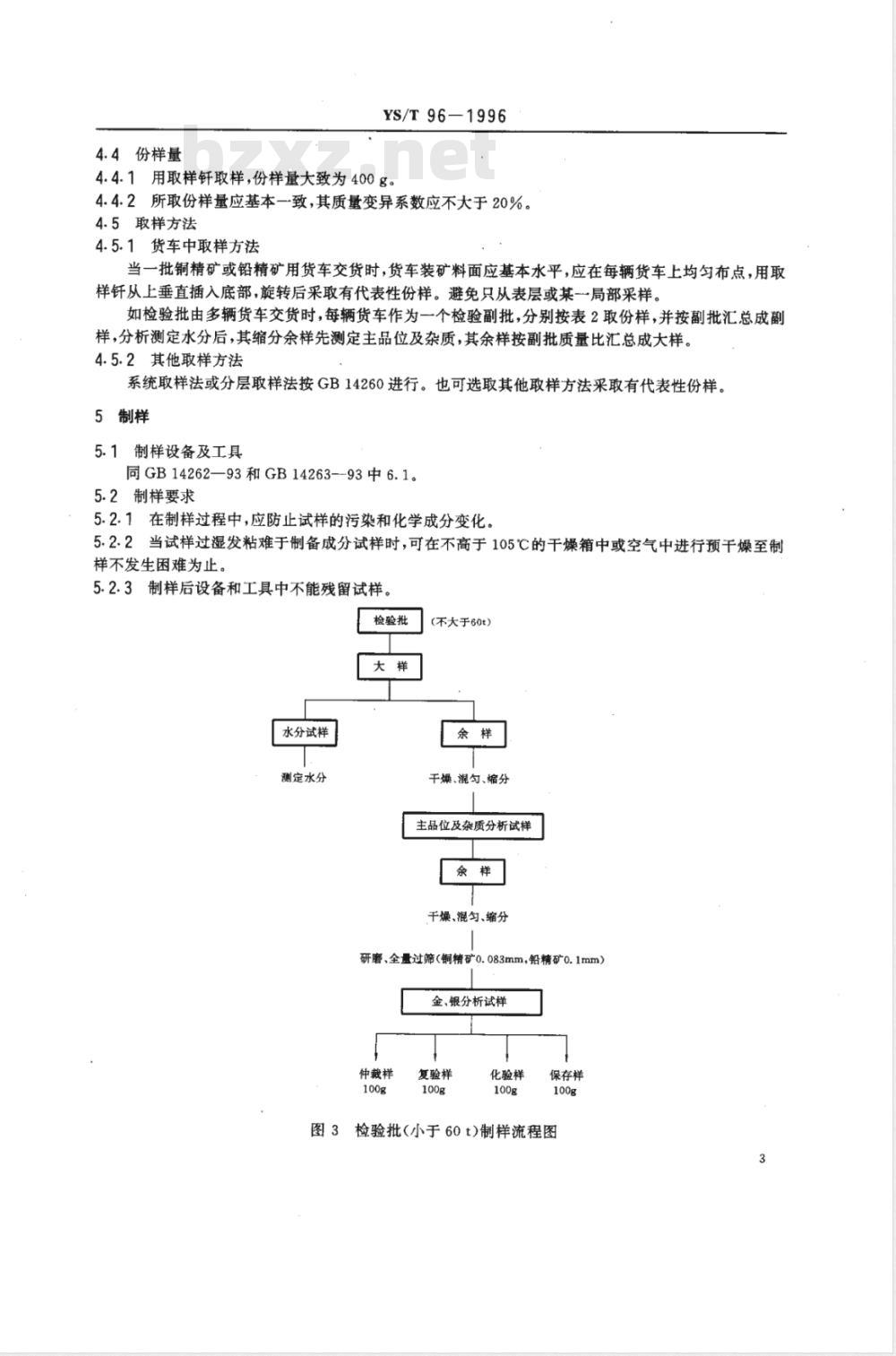 YS/T 96-1996 散装浮选铜精矿、铅精矿中金、银分析取制样方法