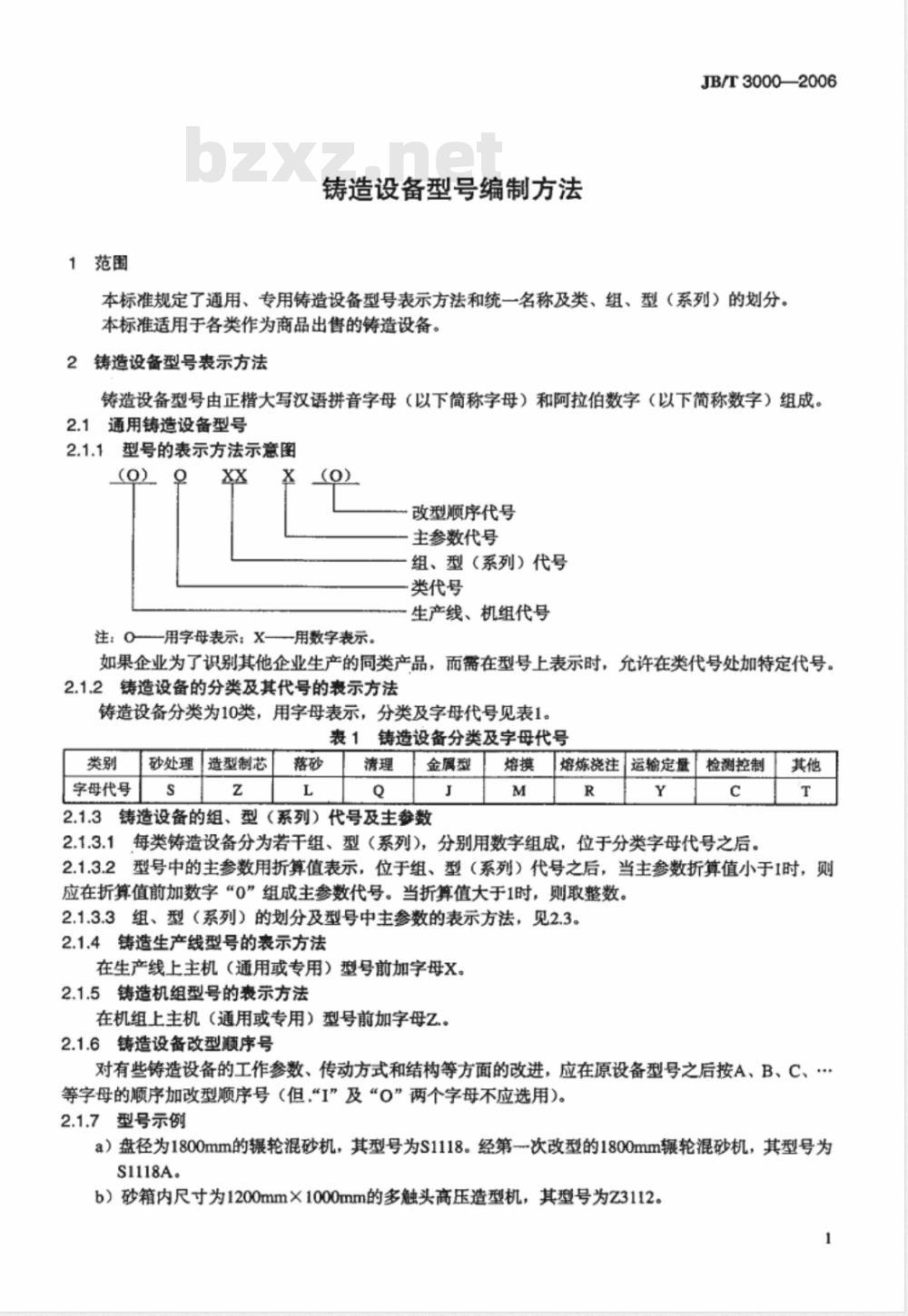 JB/T 3000-2006 铸造设备型号编制方法