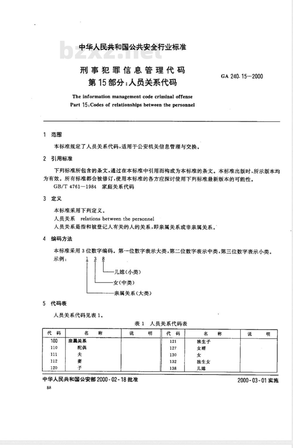 GA 240.15-2000 刑事犯罪信息管理代码 第15部分:人员关系代码