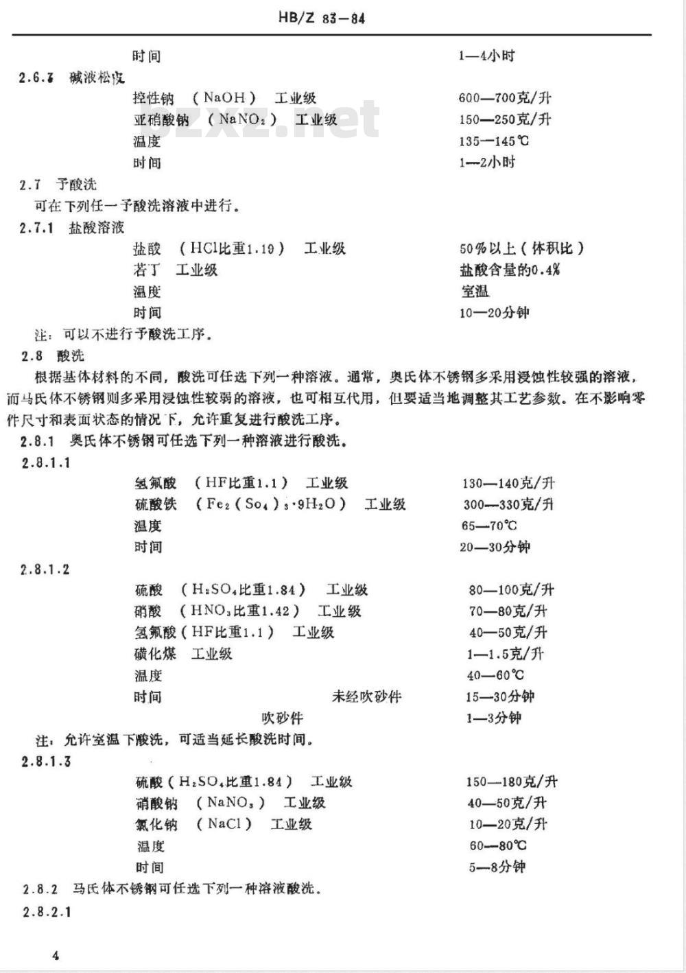 HB/Z 83-1984 不锈钢酸洗钝化处理工艺