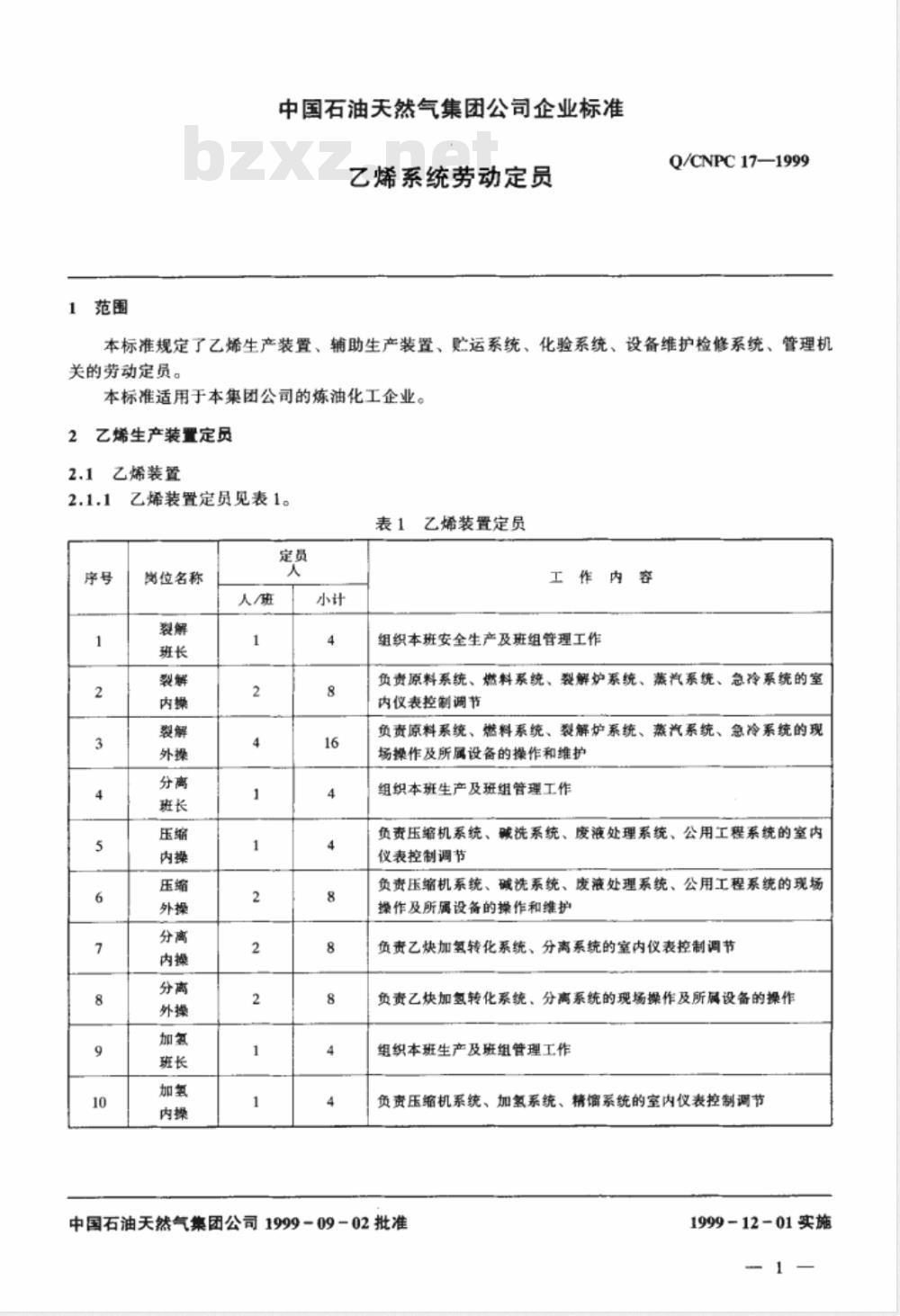 Q/CNPC 17-1999 乙烯系统劳动定员