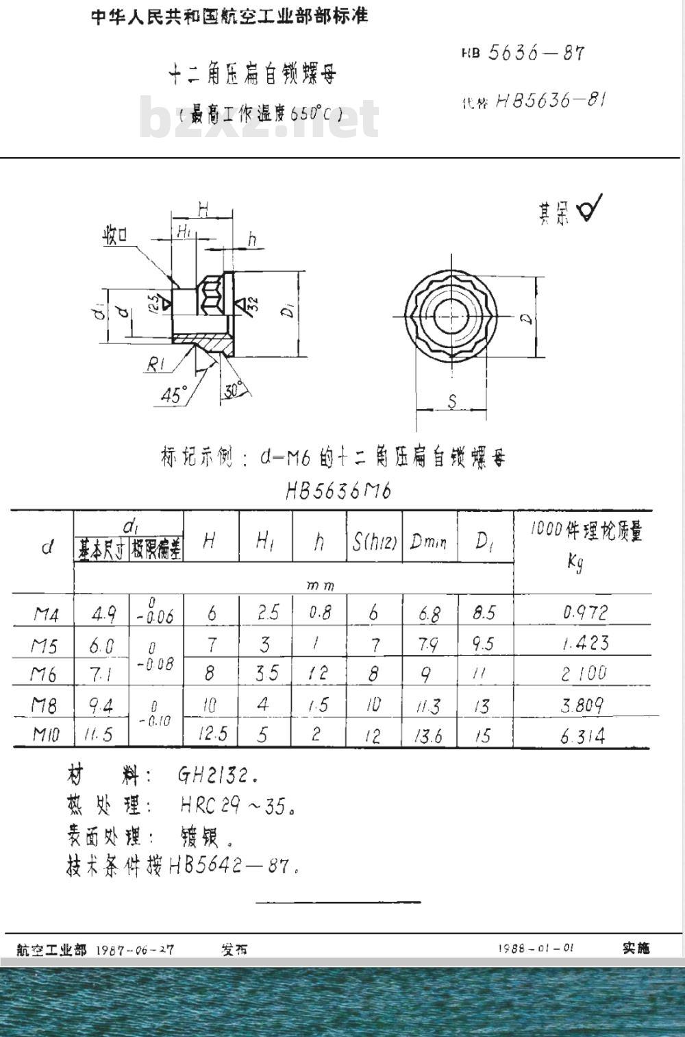 HB 5636-1987 十二角压扁自锁螺母(最高工作温度６５０°Ｃ)
