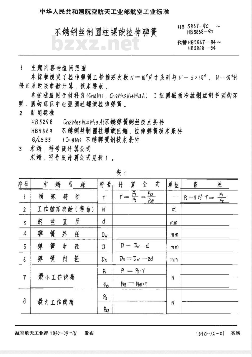 HB 5868-1990 不锈钢丝制圆柱螺旋拉伸弹簧