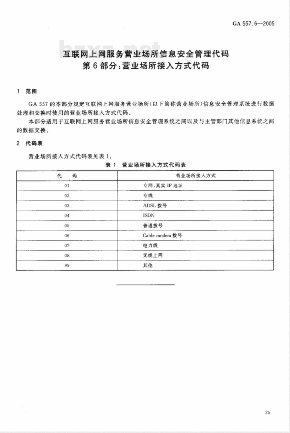 GA 557.6-2005 互联网上网服务营业场所信息安全管理代码 第6部分:营业场所接入方式代码