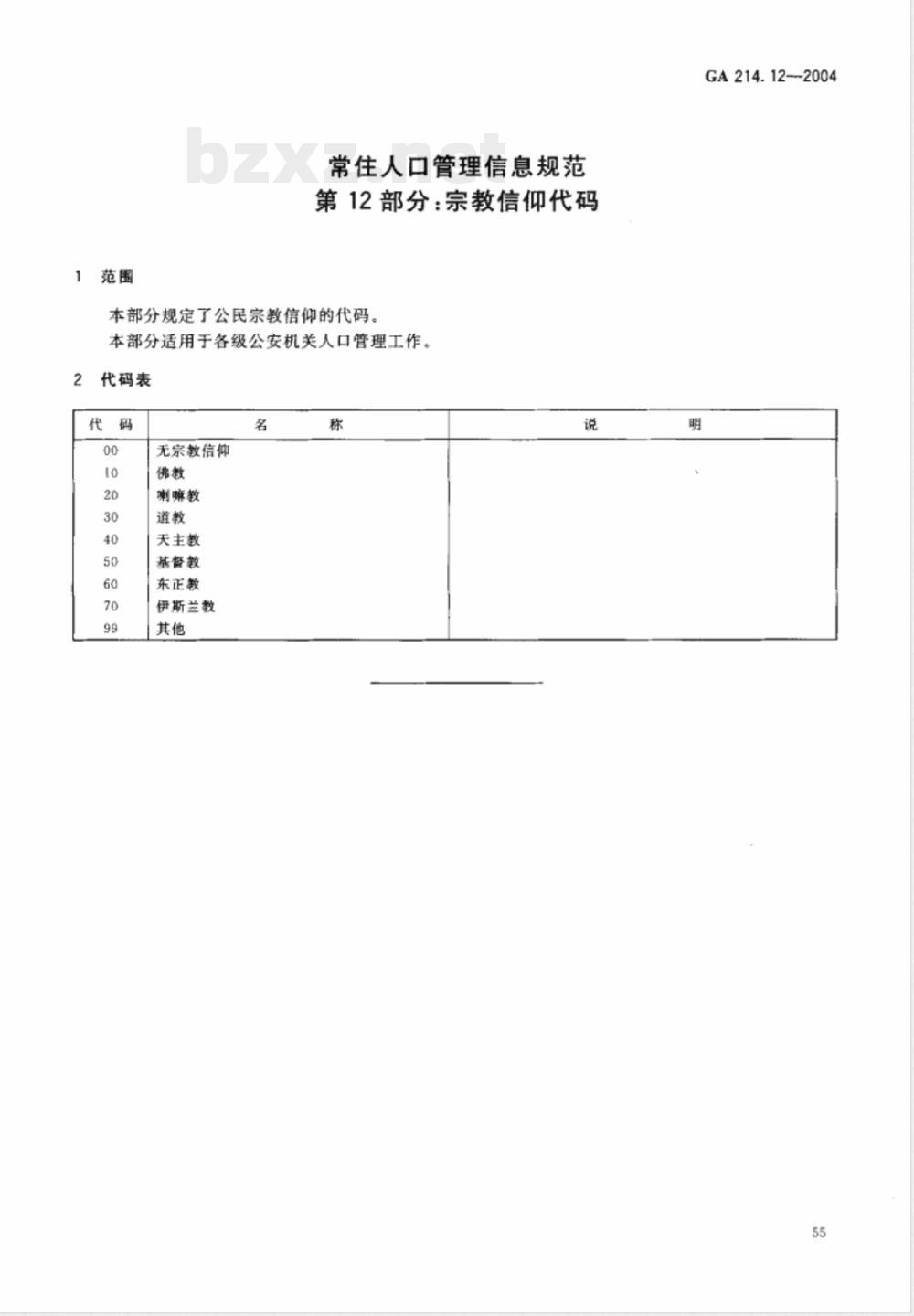 GA 214.12-2004 常住人口管理信息规范 第12部分:宗教信仰代码
