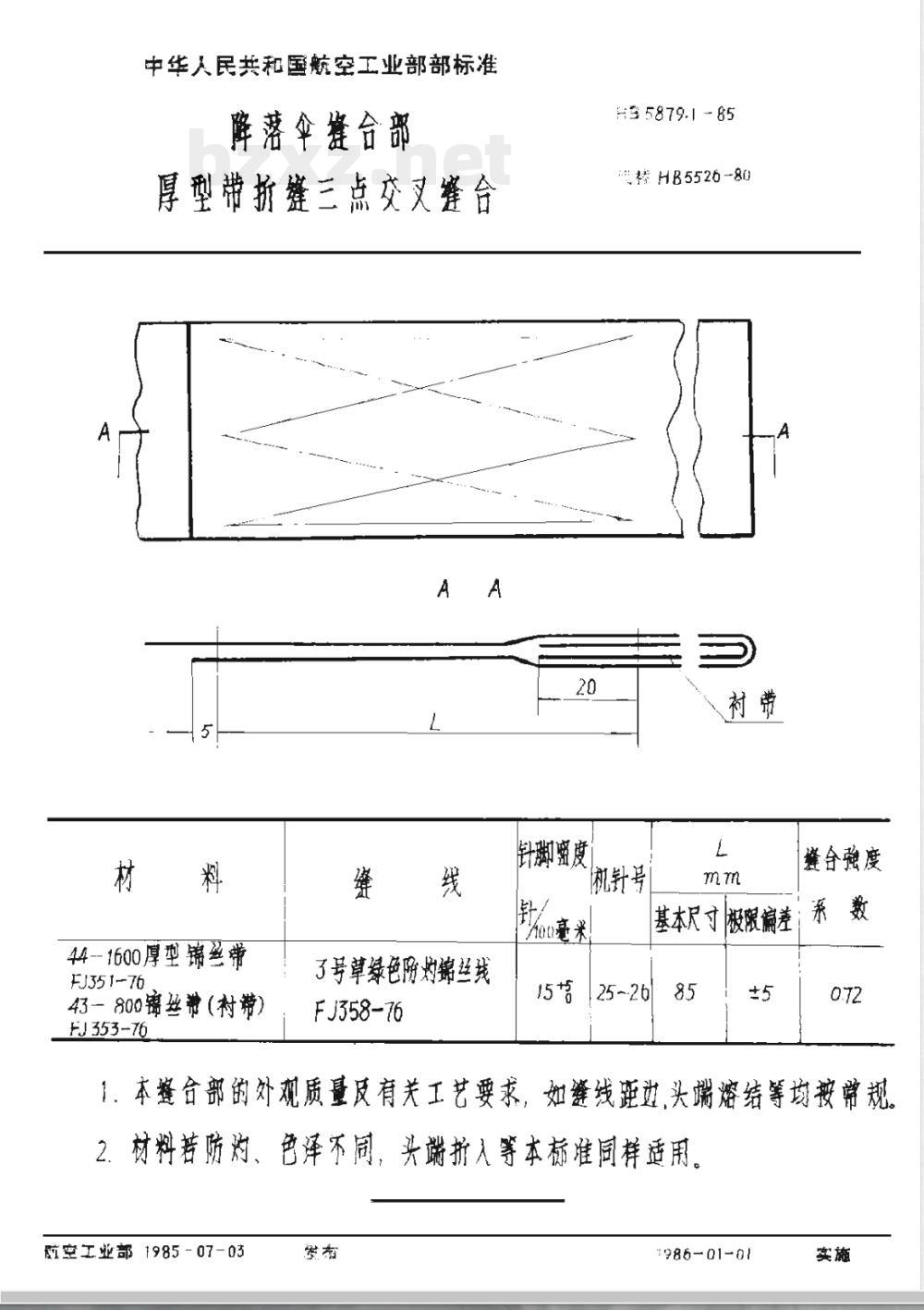 HB 5879.1-1985 降落伞缝合部 厚型带折缝三点叉缝合