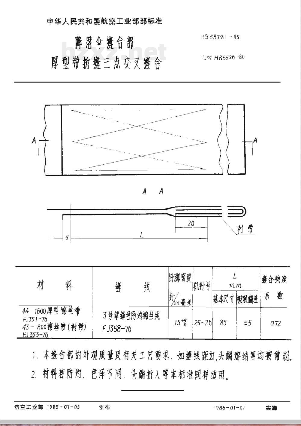 HB 5879.1-1985 降落伞缝合部 厚型带折缝三点叉缝合
