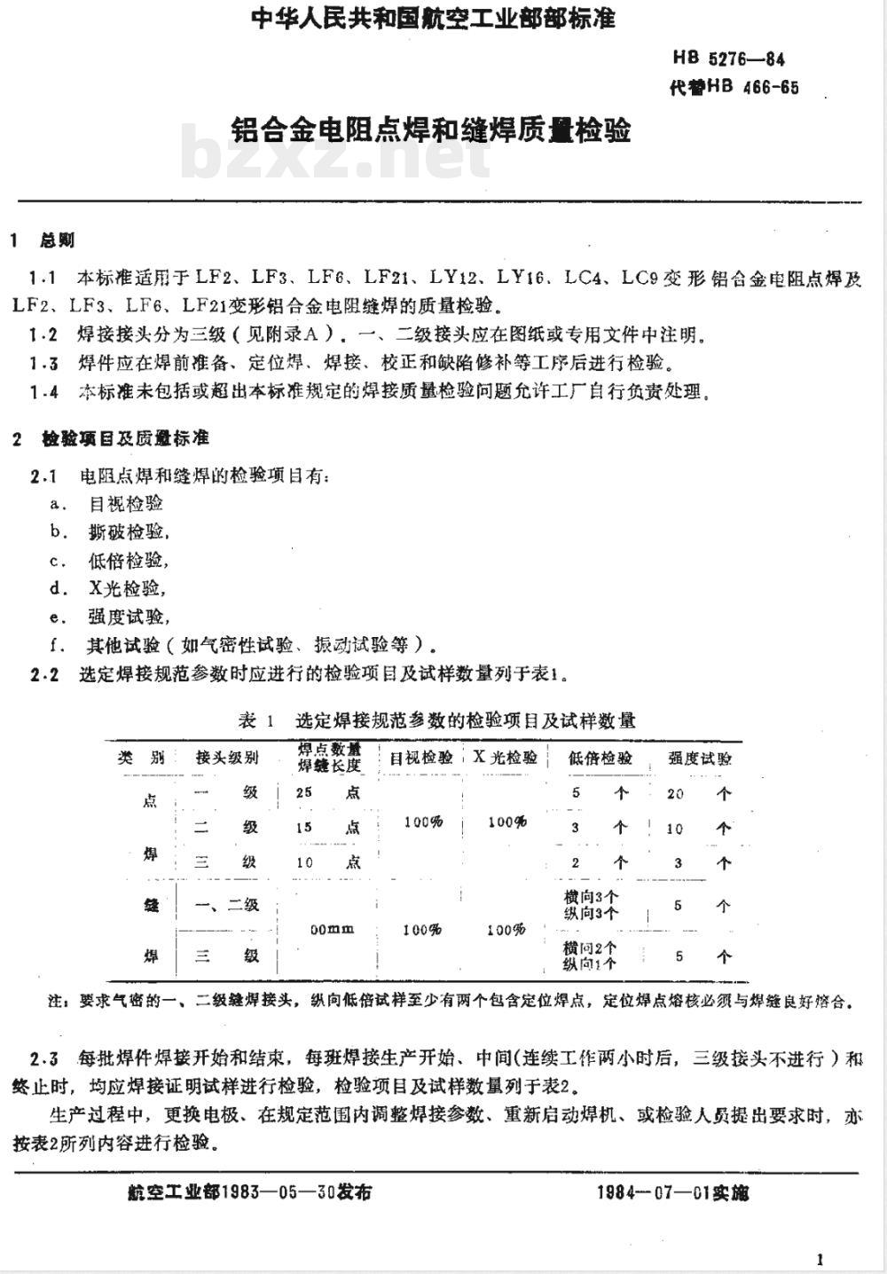 HB 5276-1984 铝合金电阻点焊和缝焊质量检验