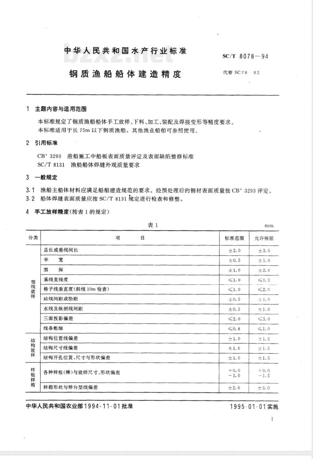 SC/T 8078-1994 钢质渔船船体建造精度