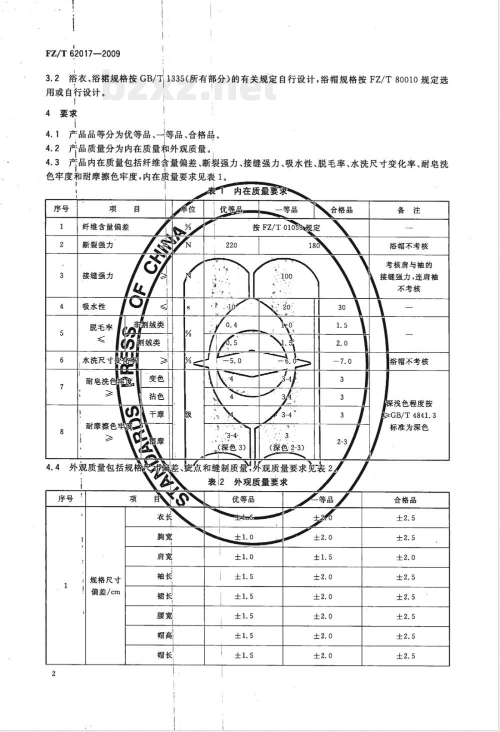 FZ/T 62017-2009 毛巾浴衣