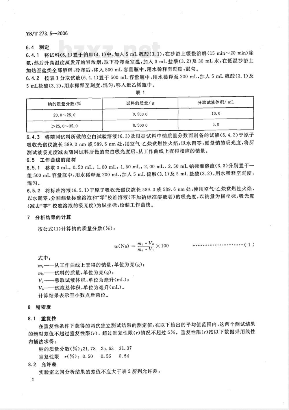 YS/T 273.5-2006 冰晶石化学分析方法和物理性能测定方法 第5部分: 火焰原子吸收光谱法测定钠含量