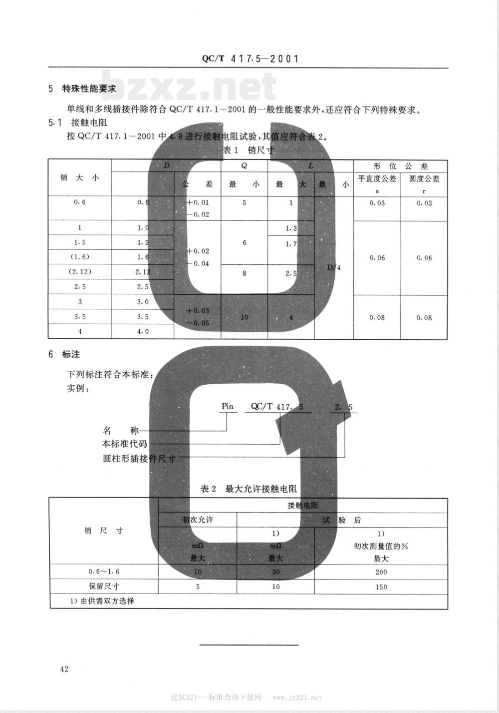 QC/T 417.5-2001 车用电线束插接器 第5部分 用于单线和多线插接器的圆柱式插接件的尺寸和特殊要求