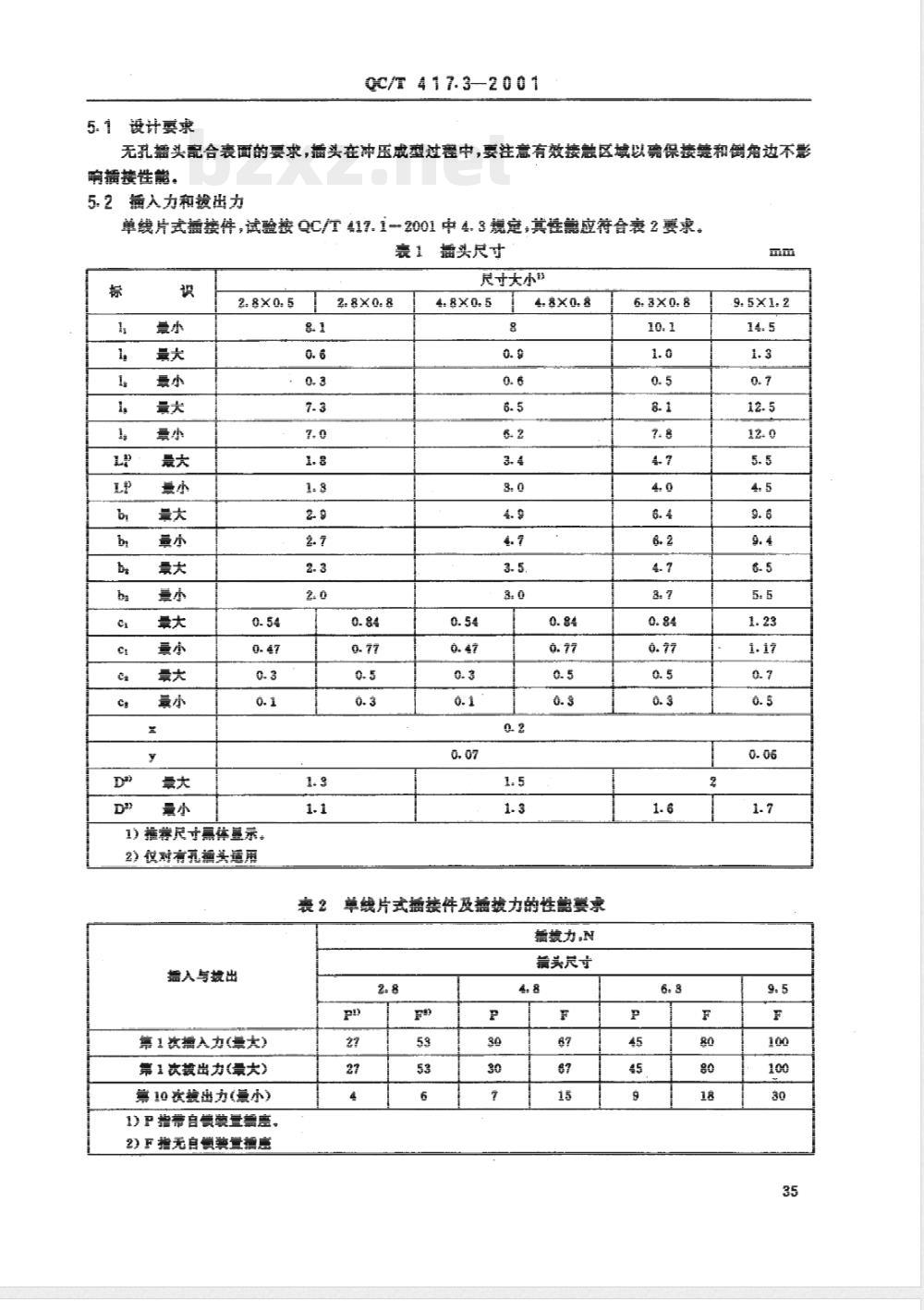 QC/T 417.3-2001 车用电线束插接器 第3部分 单线片式插接件的尺寸和特殊要求