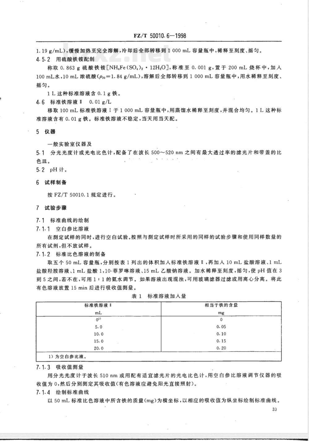 FZ/T 50010.6-1998 粘胶纤维用浆粕 铁含量的测定