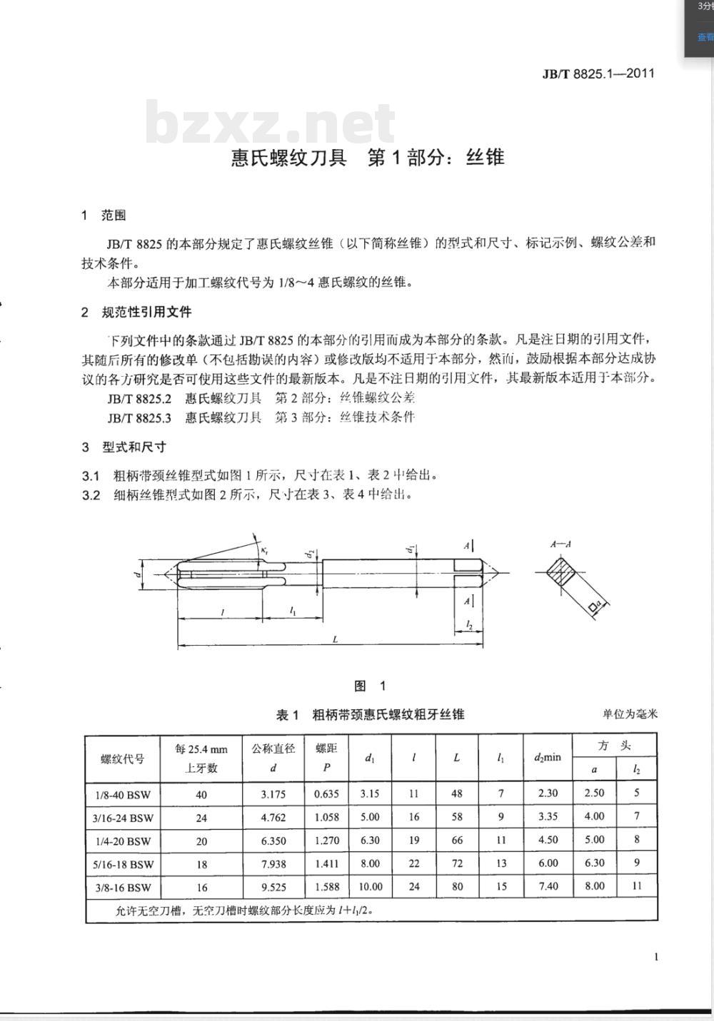 JB/T 8825.1-2011惠氏螺纹刀具 第1部分：丝锥 