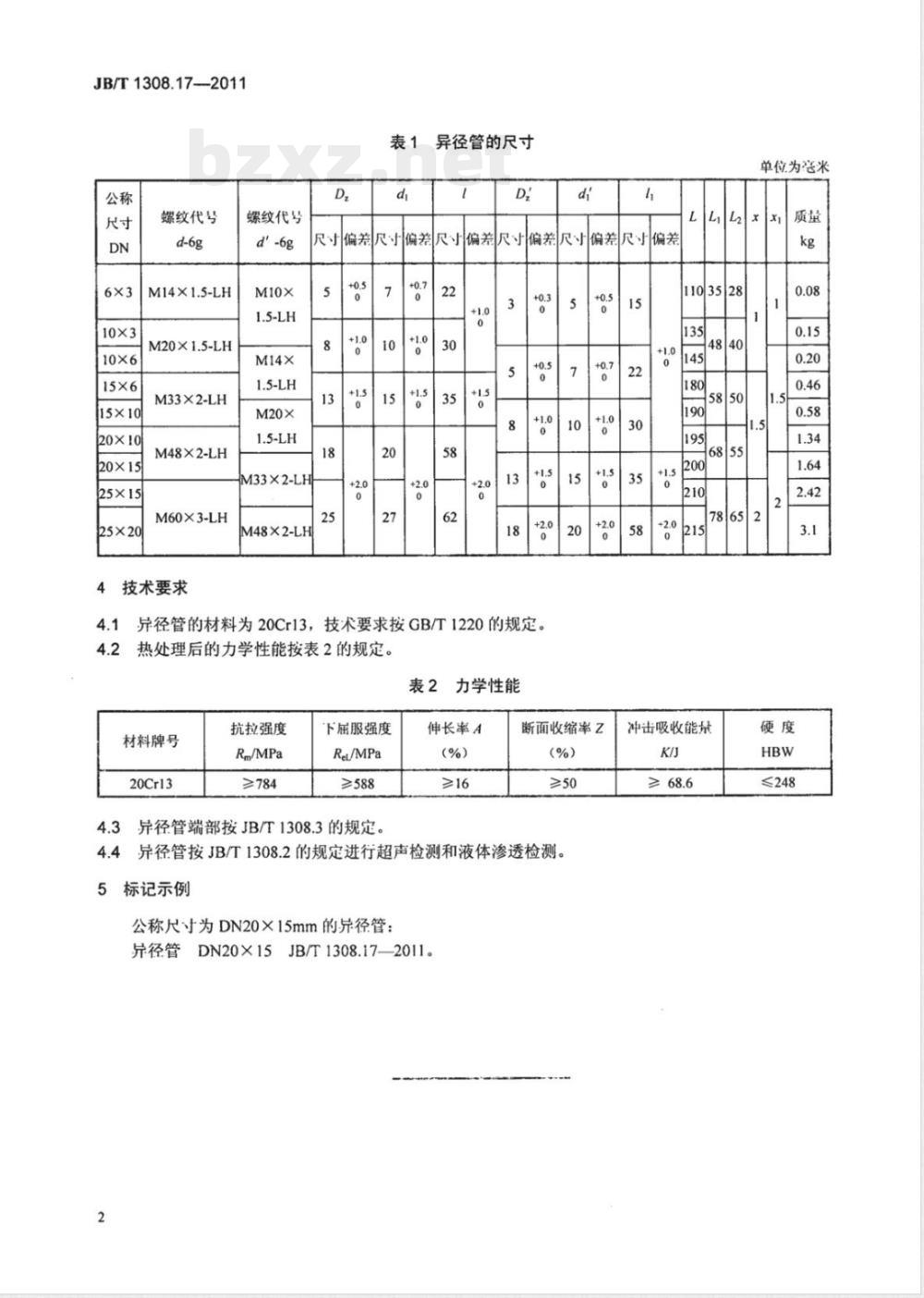 JB/T 1308.17-2011PN2500超高压阀门和管件  第17部分：异径管 