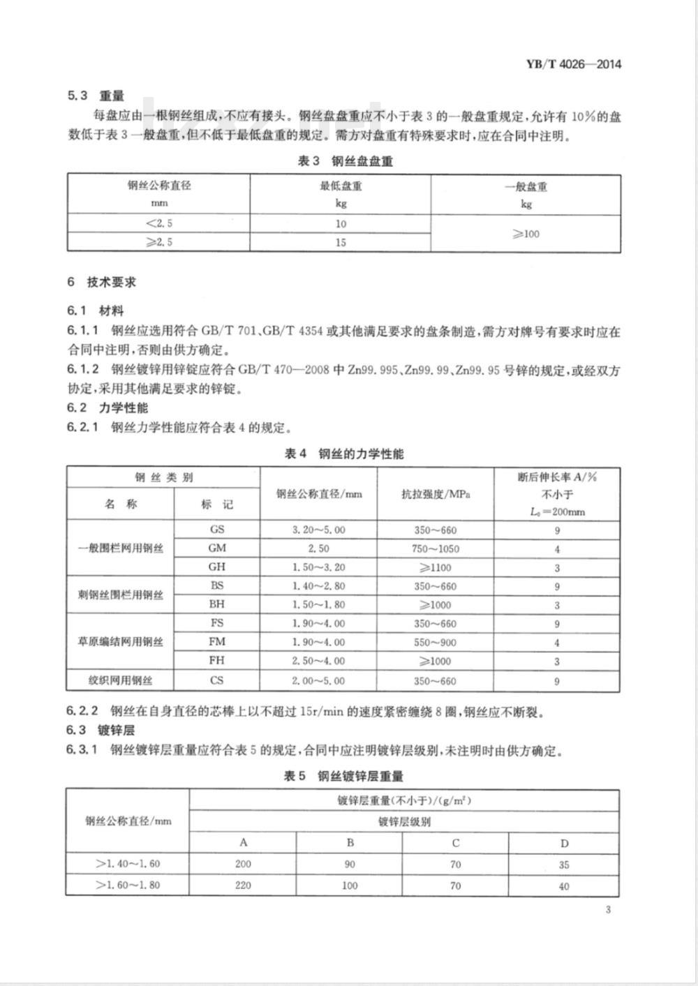 YB/T 4026-2014网围栏用镀锌钢丝 