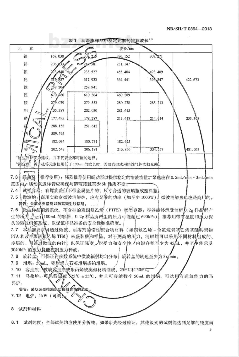 NB/SH/T 0864-2013润滑脂中金属元素的测定 电感耦合等离子体发射光谱法 