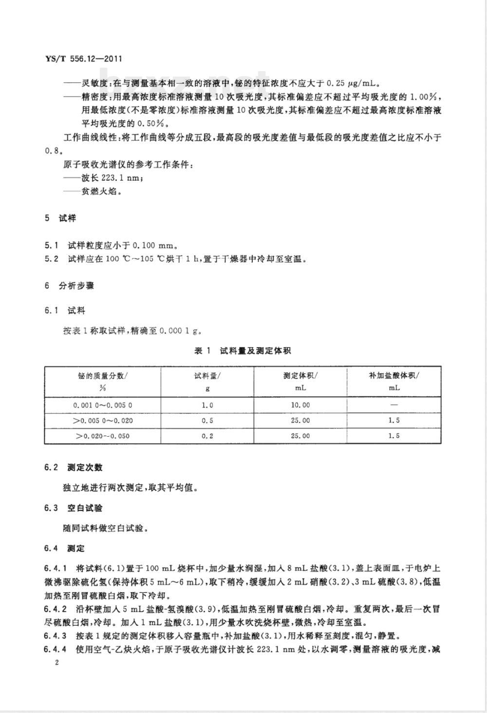 YS/T 556.12-2011锑精矿化学分析方法 第12部分：铋量的测定 火焰原子吸收光谱法 
