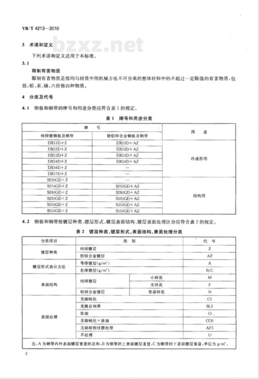 YB/T 4213-2010限制有害物质连续热镀锌（铝锌）钢板和钢带 