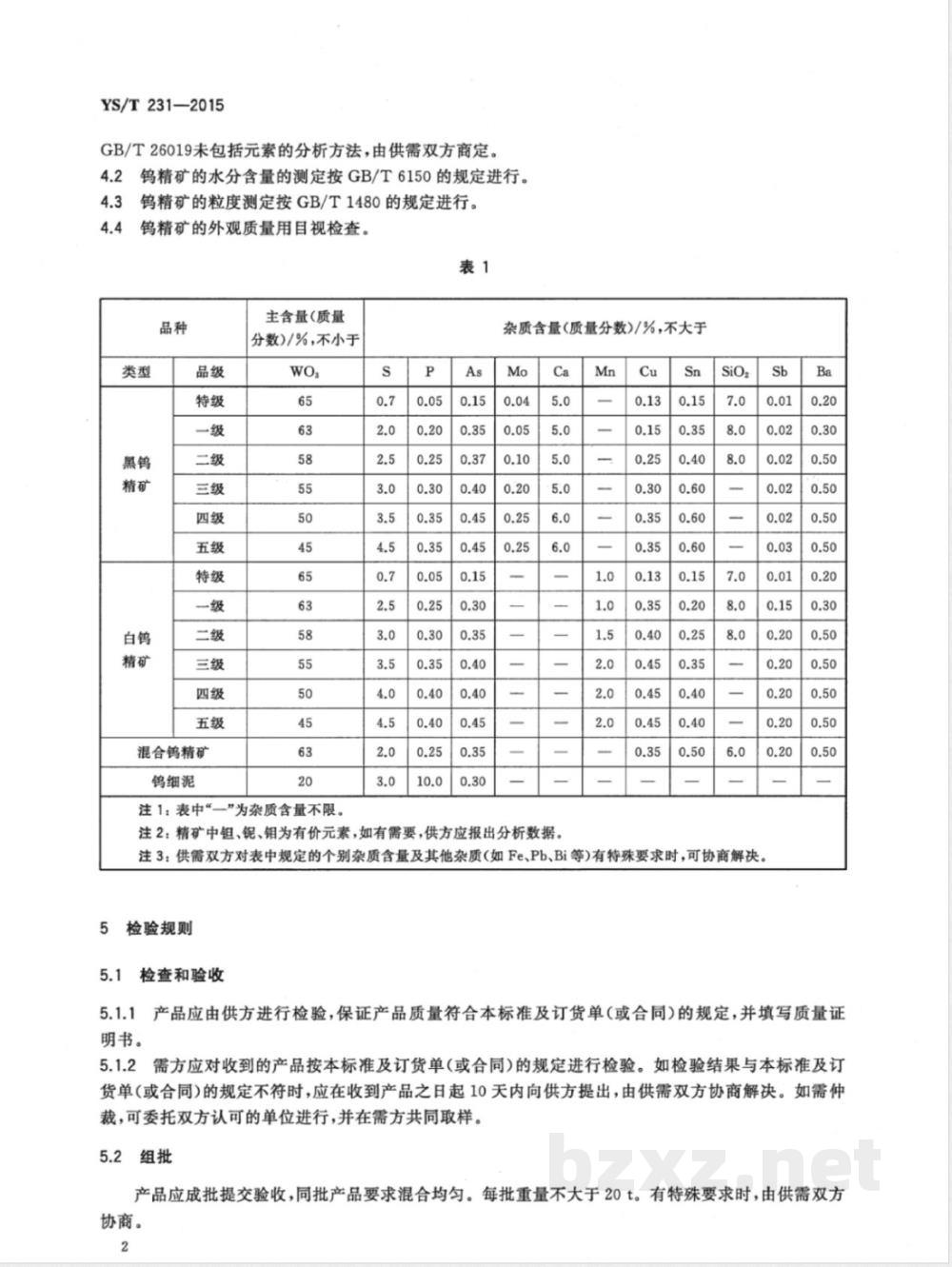 YS/T 231-2015钨精矿 