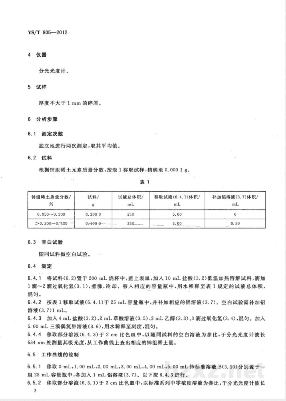 YS/T 805-2012铝及铝合金中稀土分析方法 化学分析方法测定稀土含量 