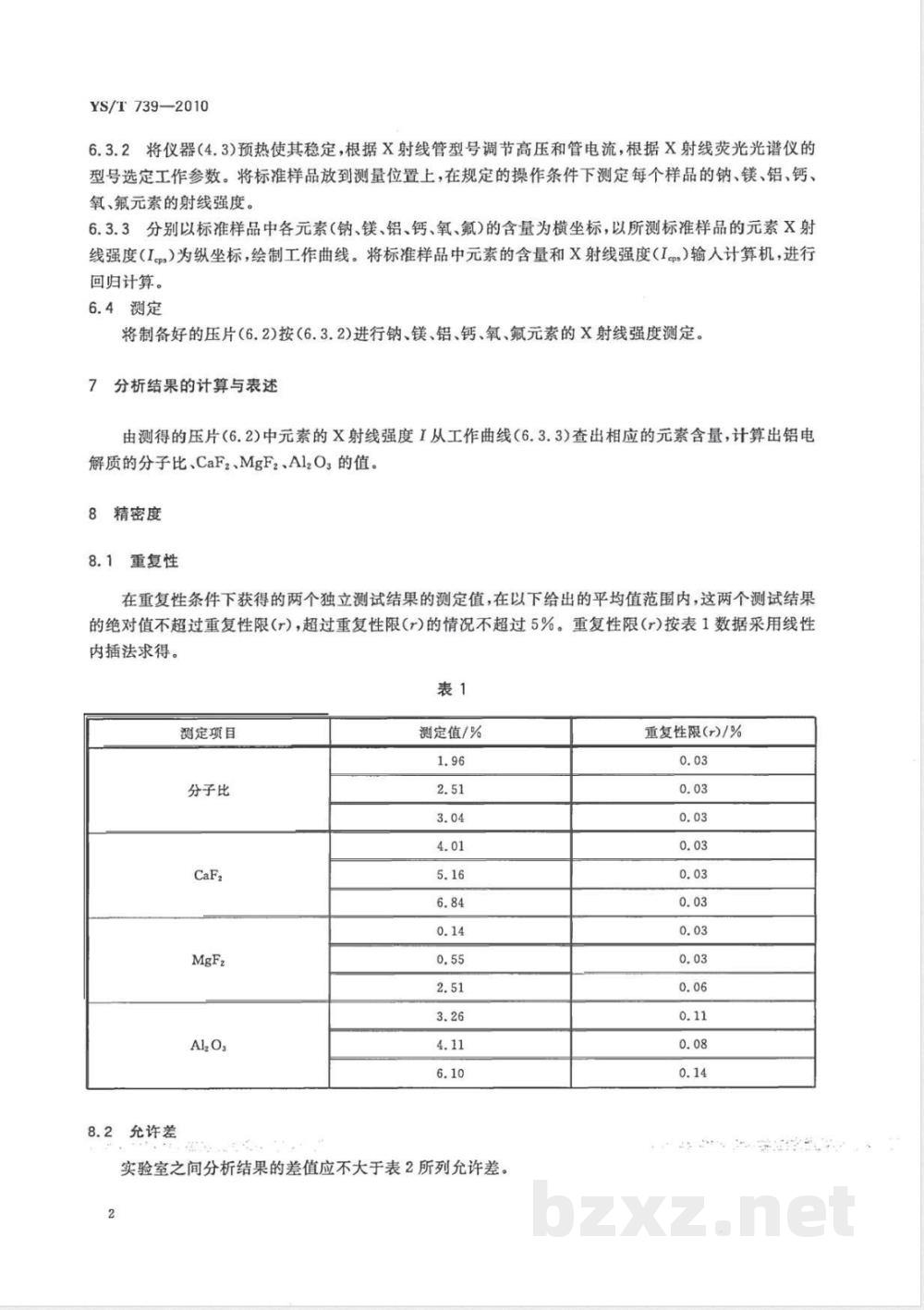 YS/T 739-2010铝电解质分子比及主要成分的测定 X射线荧光光谱法 