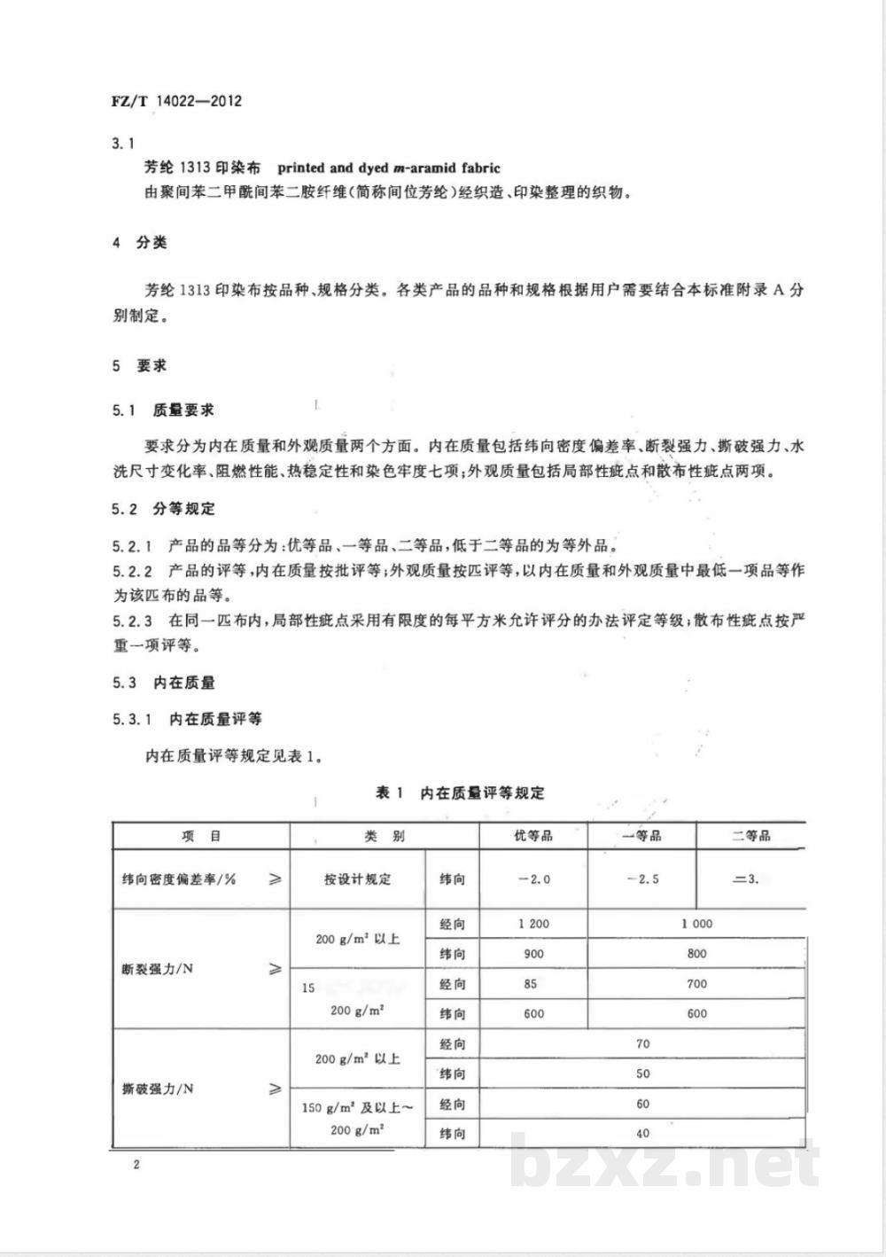 FZ/T 14022-2012芳纶1313印染布 
