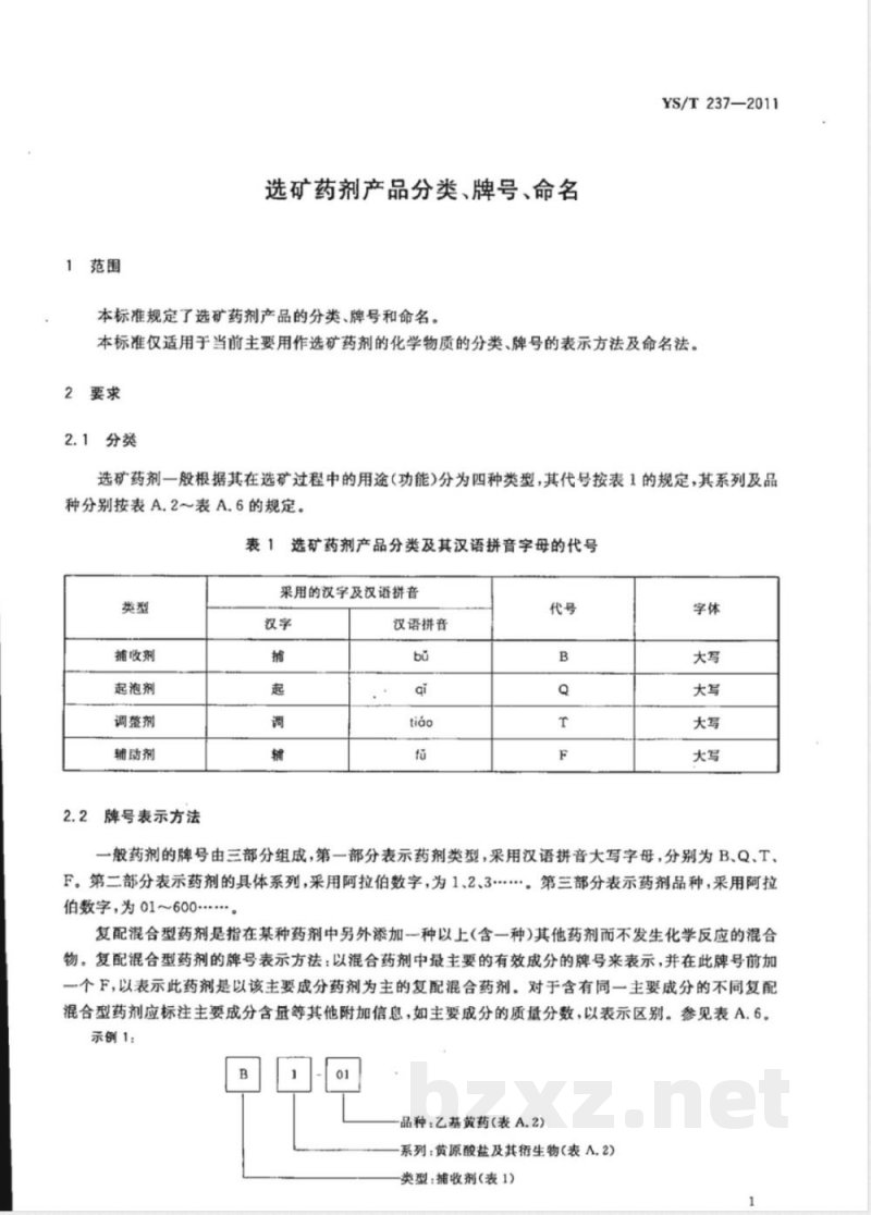 YS/T 237-2011选矿药剂产品分类、牌号、命名 