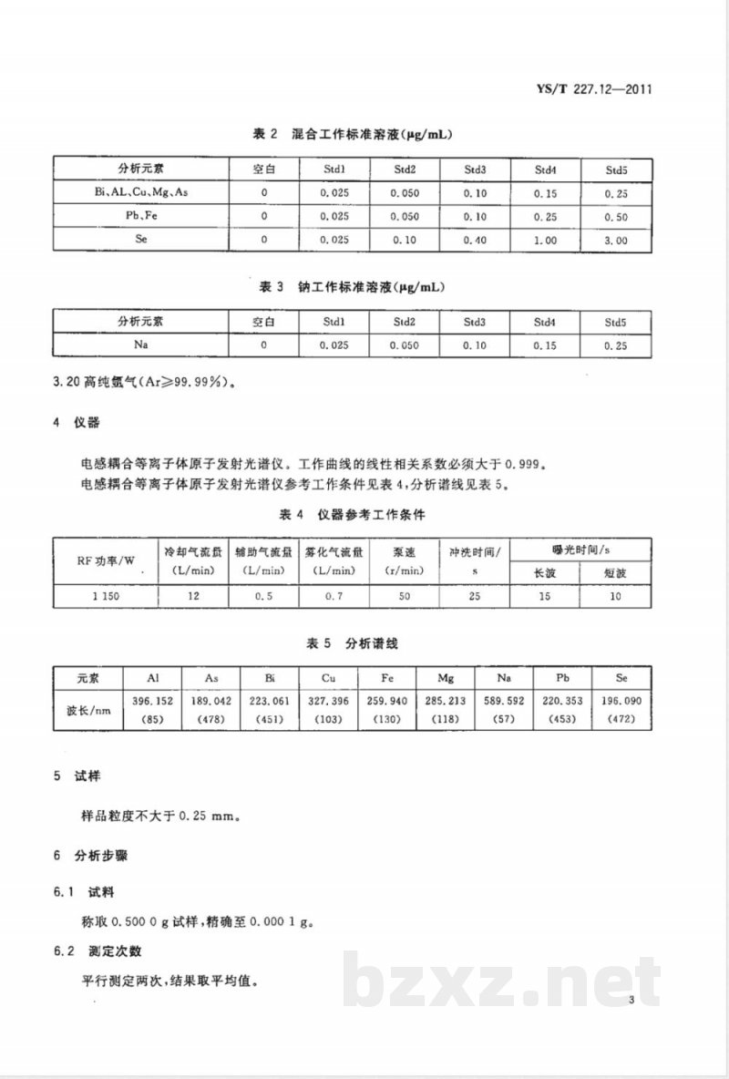 YS/T 227.12-2011碲化学分析方法 第12部分：铋、铝、铅、铁、硒、铜、镁、钠、砷量的测定  电感耦合等离子体原子发射光谱法 