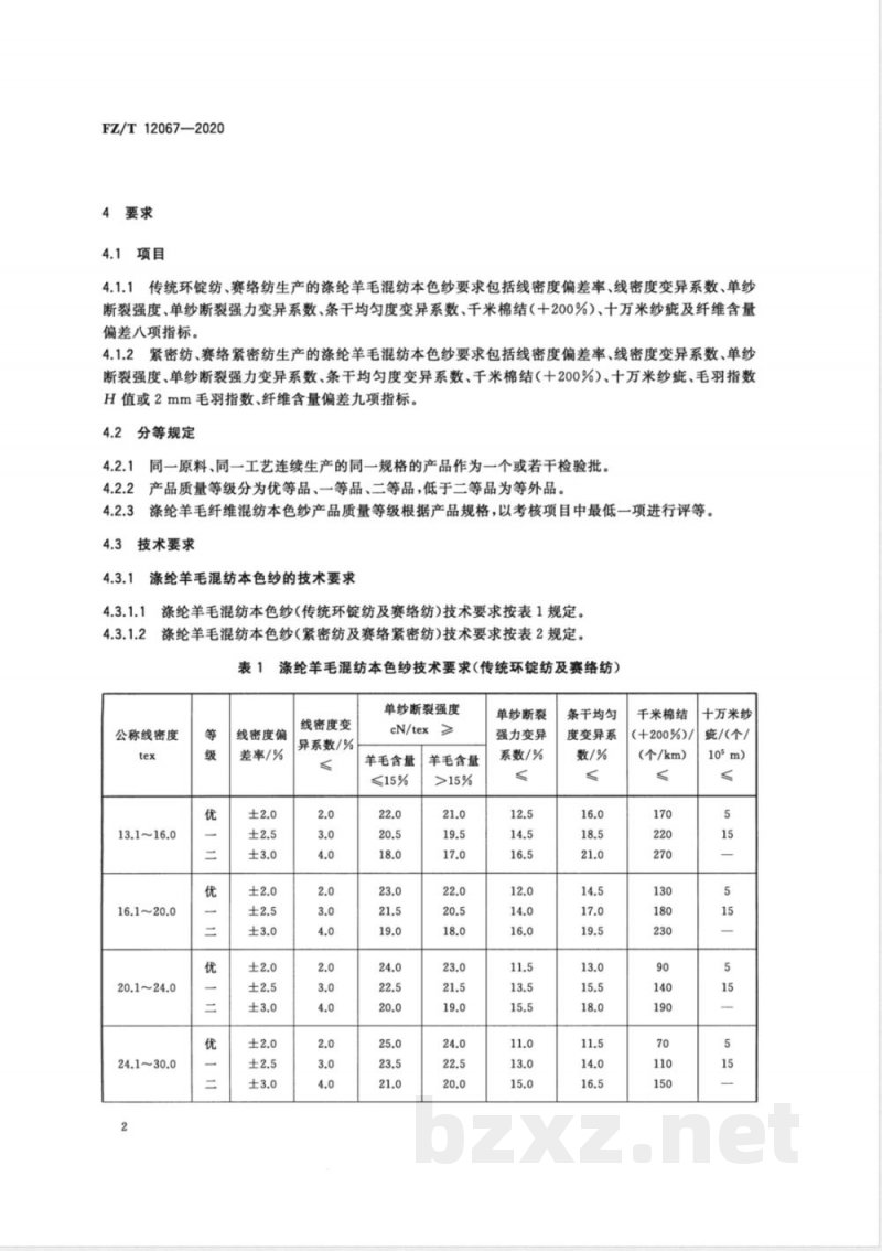 FZ/T 12067-2020涤纶羊毛混纺本色纱 