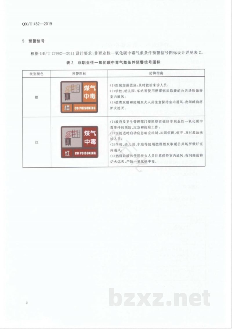 QX/T 482-2019非职业性一氧化碳中毒气象条件预警等级 