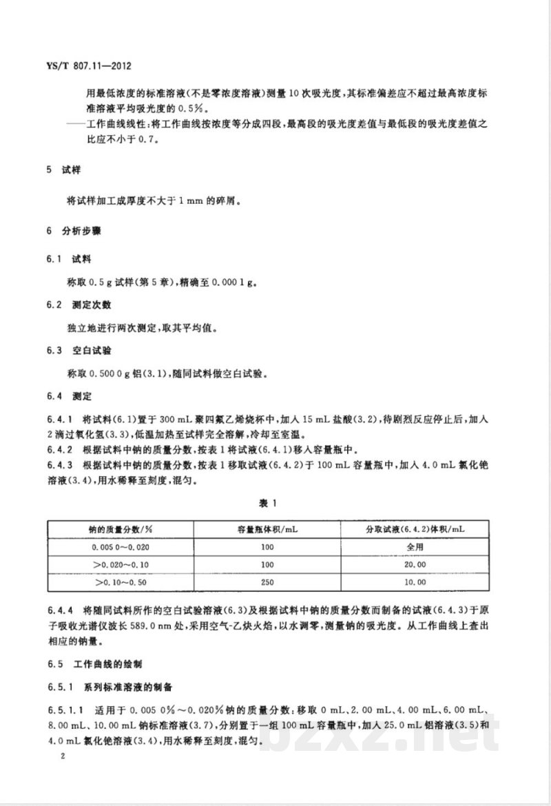 YS/T 807.11-2012铝中间合金化学分析方法 第11部分：钠含量的测定 火焰原子吸收光谱法 