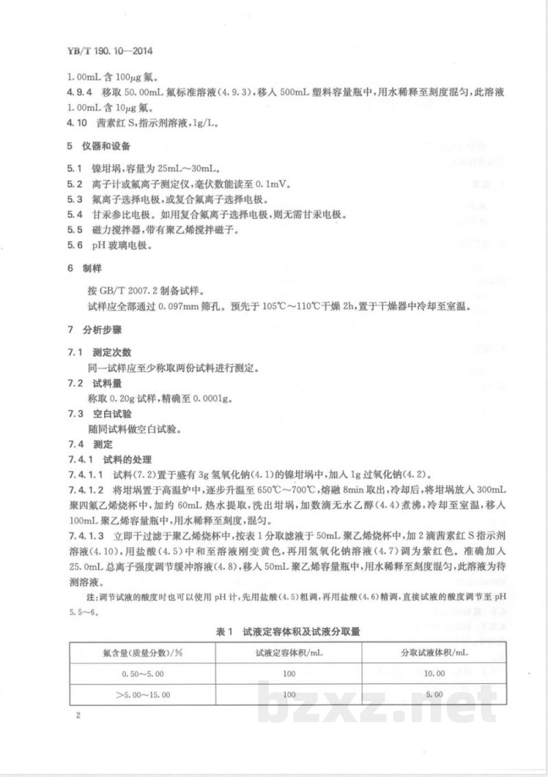 YB/T 190.10-2014连铸保护渣 氟含量的测定 离子选择电极法 
