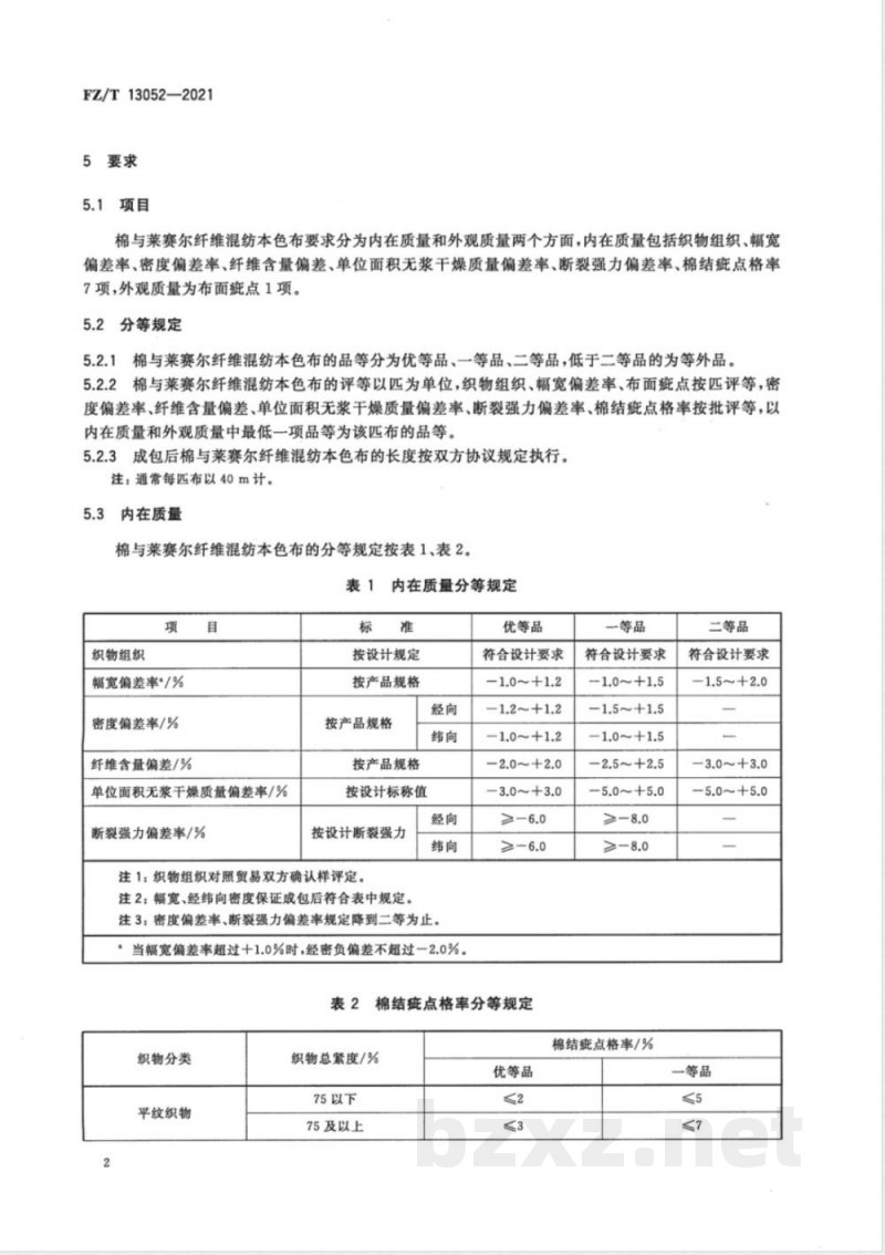 FZ/T 13052-2021棉与莱赛尔纤维混纺本色布 